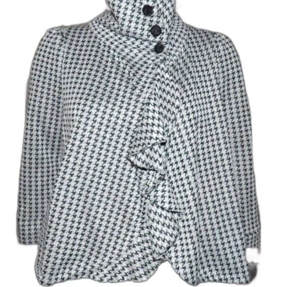 MARINGUE Houndstooth Flirty Ruffled Swing Jacket Black White XS